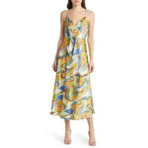 FLORET STUDIOS Printed Tie Front Satin Maxi Dress in Yellow Multi Swirl, L, NWT